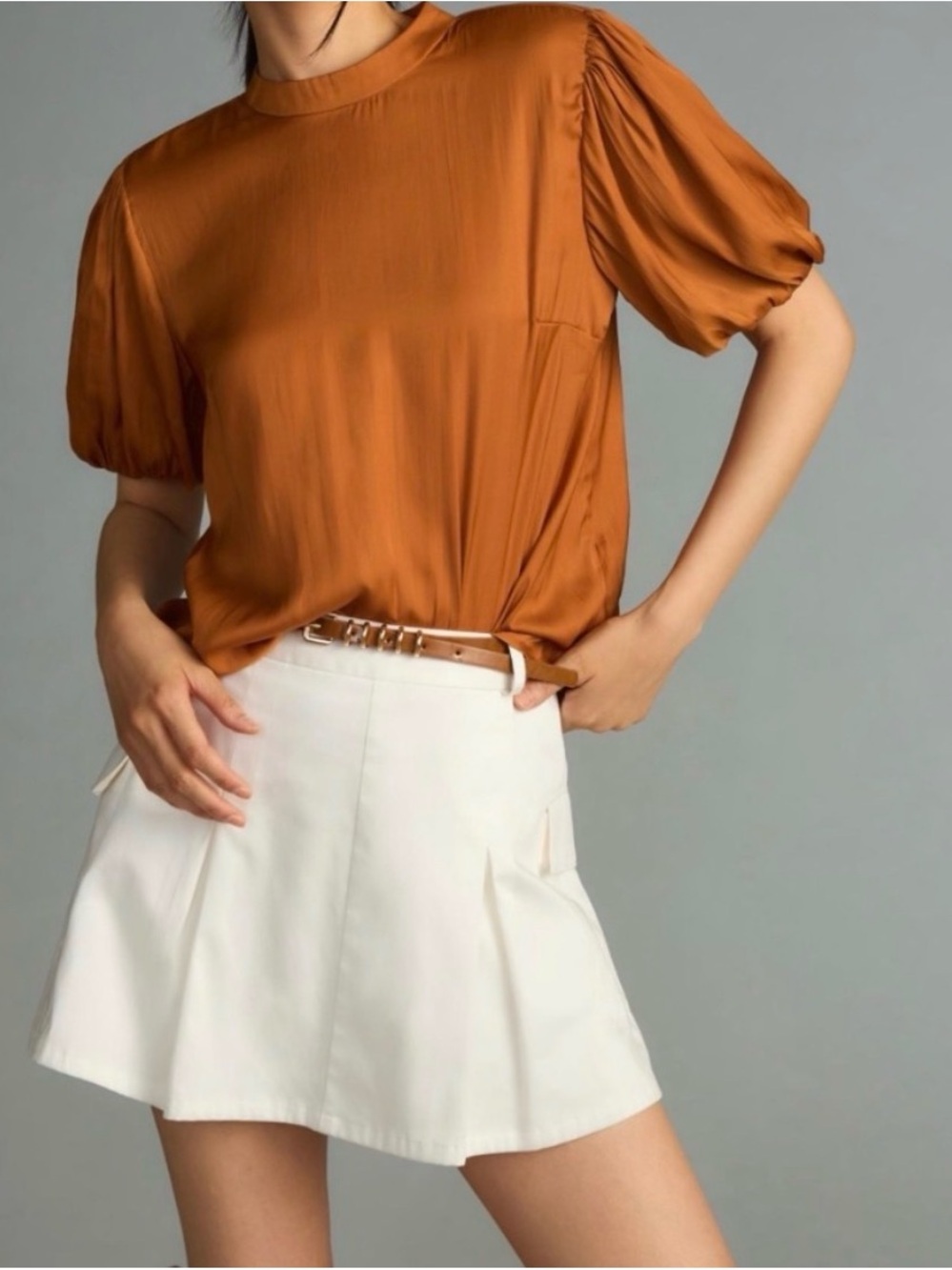 Anthropologie Amber Brown Puff Sleeve Mock Neck Blouse XS